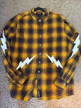 Yellow Plaid Button-Down Shirt with Lightning Accents